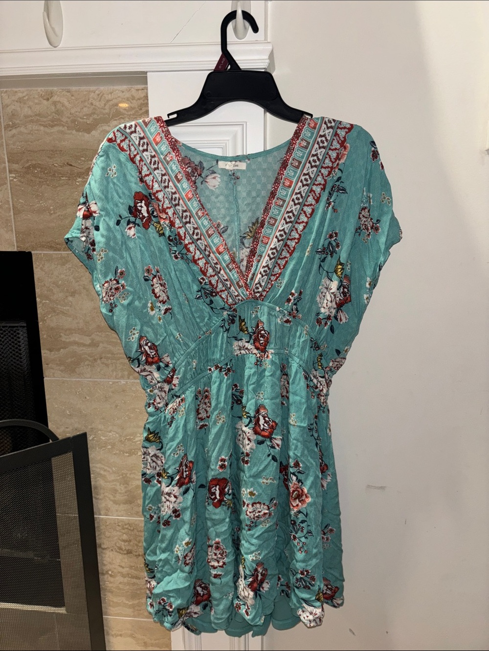 Maurices Teal Floral Embroidered V-Neck Mini Dress